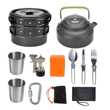 set ollas camping 10 piezas con cocinillay cubiertos