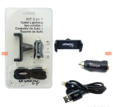 Kit Cargador 3 En 1, Urbano, Lightning, Para Auto.